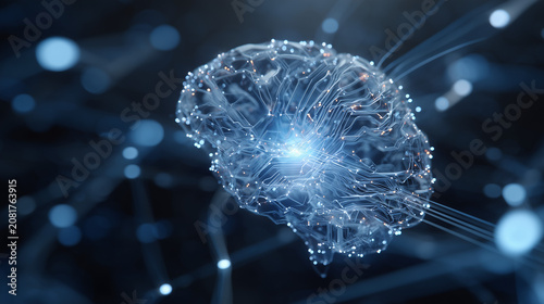 Futuristic digital brain with glowing neural connections representing artificial intelligence, machine learning, data processing and advanced computing technology.