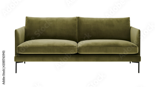 Photos Olive green velvet sofa with thin black legs, isolated on transparent background