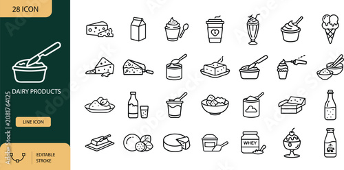 Dairy Products Line Icon Set with Editable Stroke for Food and Milk Industry. Vector Illustration
