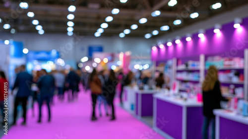 Completely blurred beauty and cosmetics expo with colorful booths and professionals networking