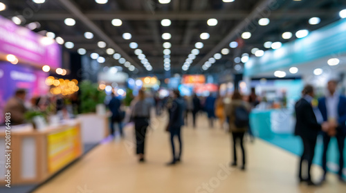 Completely blurred franchise exhibition with business opportunity stands and entrepreneurs networking