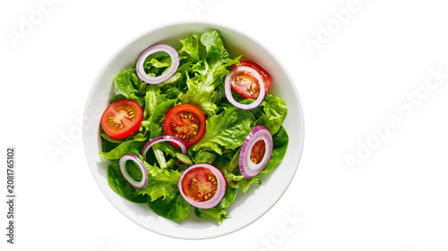 Quadro su tela Fresh green lettuce salad with sliced red tomatoes and purple onion rings, isola