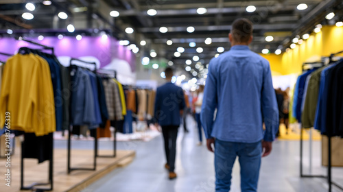 Defocused Fashion Trade Show with Blurred Clothing Brand Booths and Buyers in Exhibition Hall