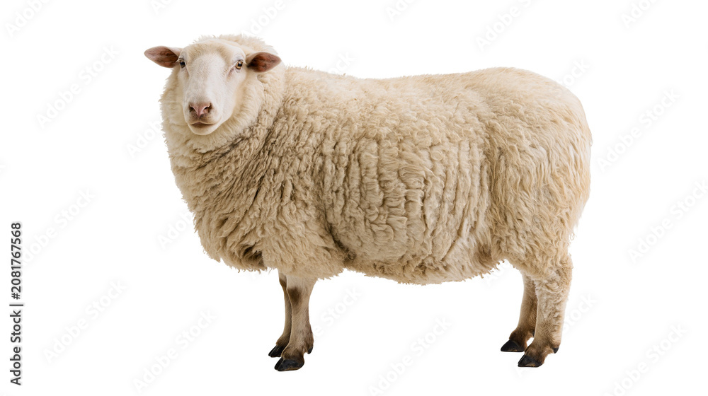 Fototapeta premium Fluffy white sheep with thick woolly fleece, isolated on transparent background