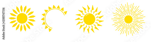 A set of four distinct yellow sun icons and weather symbols featuring various artistic ray styles, isolated on a clean white background, perfect for UI design and weather forecasting applications.