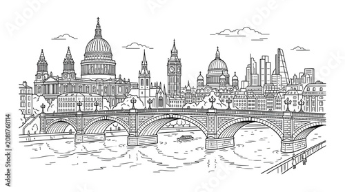 Schilderij op canvas London Skyline Sketch with River Thames and Bridge, Black and White Illustration