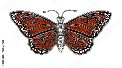 Detailed silver and enamel butterfly brooch with orange wings, isolated on transparent background