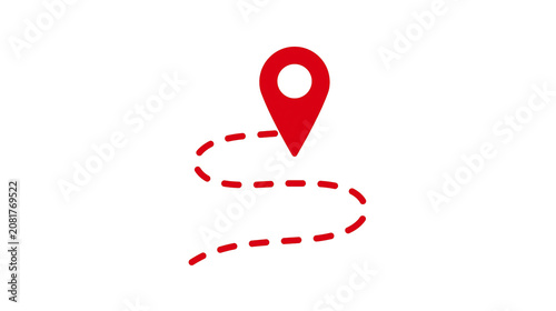 Foto Red location pin marker with dashed red line route, isolated on transparent back