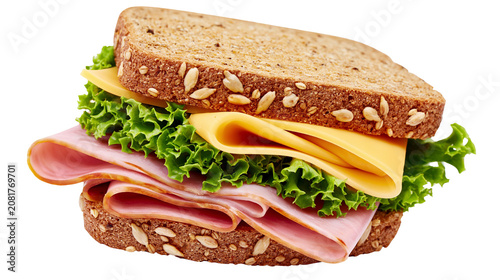 Cuadro en lienzo Hearty whole wheat sandwich with ham cheese and lettuce, isolated on transparent