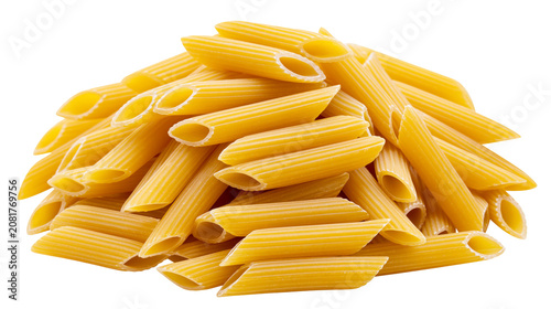 Foto Pile of dry penne rigate pasta tubes, isolated on transparent background