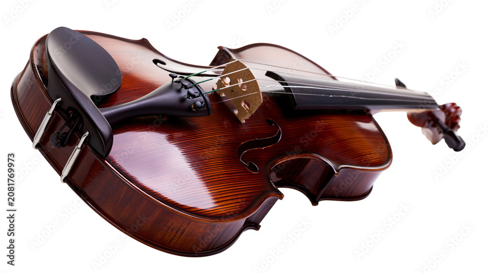 Obraz premium Polished wooden violin with black chin rest and strings, isolated on transparent background