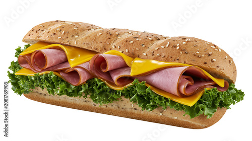 Photos Hearty whole wheat sub sandwich with ham cheese and lettuce, isolated on transpa