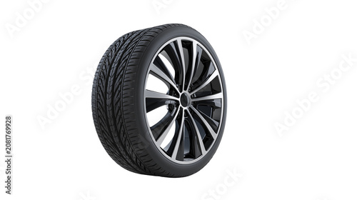 Foto Black rubber tire with a shiny multi-spoke alloy wheel, isolated on transparent
