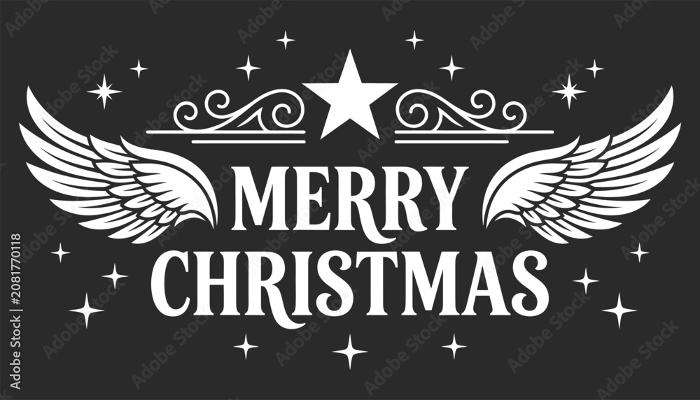 Obraz premium Merry christmas greeting with wings star and sparkles on black background