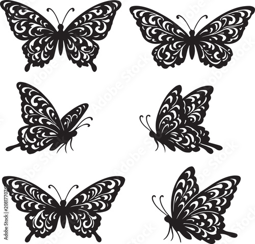 Ornate butterfly silhouettes set, decorative lace wings insect vectors on white background