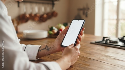 Chef holding smartphone with blank screen in kitchen