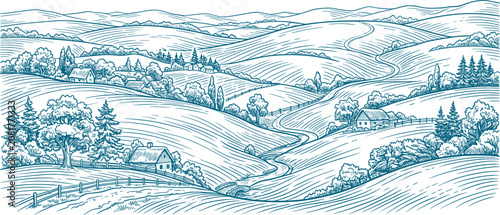 Rolling hills countryside landscape with small cottages winding paths and wooden fences