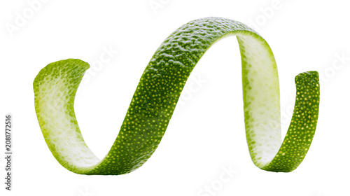 Green lime zest spiral peel textured and fresh, isolated on transparent background