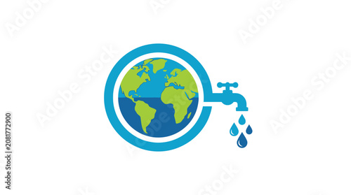 Blue world globe icon featuring a water tap with falling liquid drops in flat style