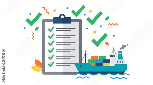 Supply chain logistics checklist with cargo ship