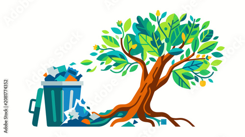 Ecological restoration concept with vibrant tree growing from waste trash can