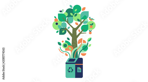 Recycling bin transforming into growing tree for environmental sustainability