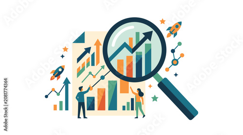 Team analyzing strategic business growth charts with a magnifying glass