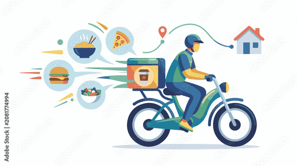 Fototapeta premium A delivery person on a scooter transports various food items