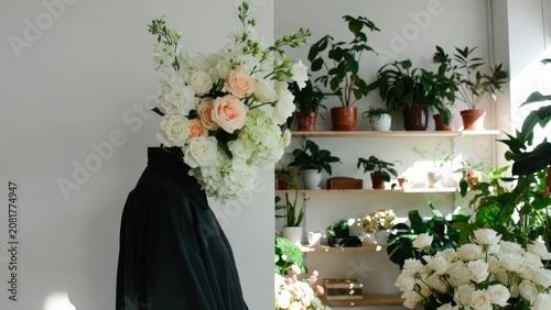 Person with a flower head presented as a creative concept for digital advertising, fashion branding, social media marketing and retail business.