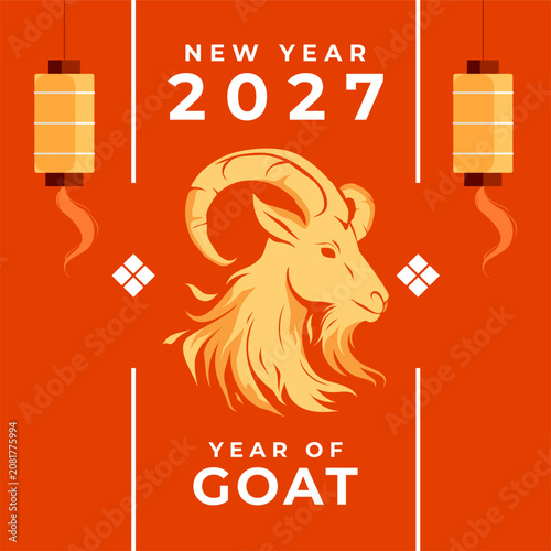 Chinese New Year 2027 celebration banner. Features a golden zodiac sign head illustration for Year of the Goat, traditional hanging lanterns, and typography on a vibrant red background. New Year