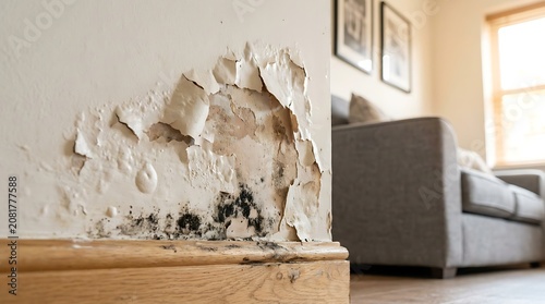 Mold and peeling paint on interior wall near baseboard indicating dampness and water damage in a room with sofa and window background.