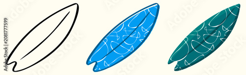 Surfing clip art set featuring three stylized surfboards. A minimalist black line art, bright blue in offset line art style, and a deep teal with white fish patterns. 