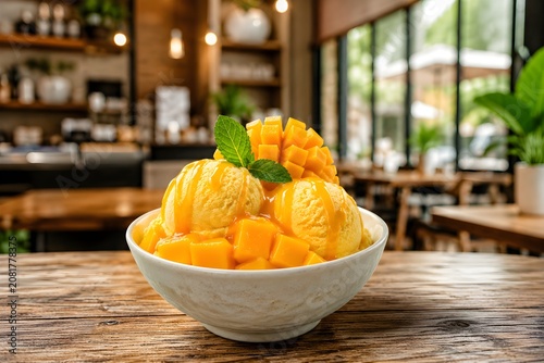 Fresh Mango Ice Cream Sundae with Juicy Mango Cubes in White Bowl on Rustic Wooden Table, Cozy Cafe Background. 