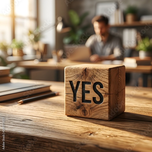 Wooden YES Block on Office Desk Symbolizing Positive Business Decision. 