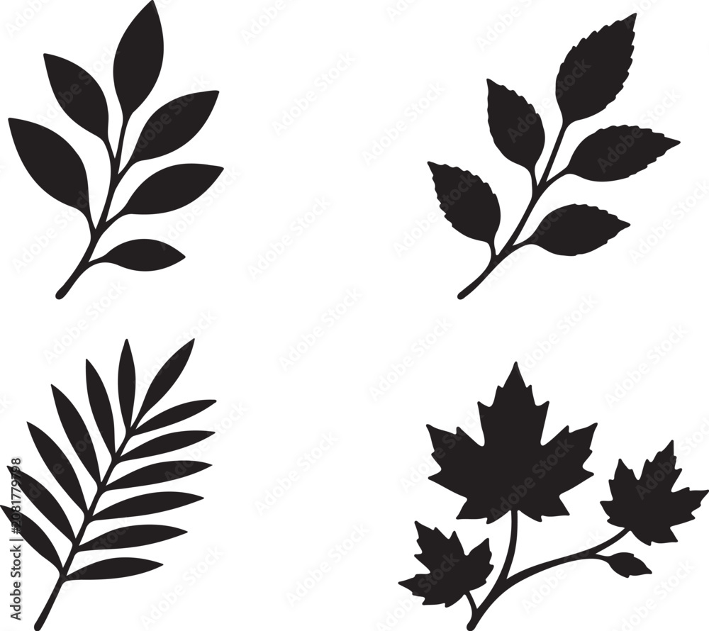 Obraz premium leaf silhouette collection autumn foliage botanical branch nature elements isolated black vector illustration