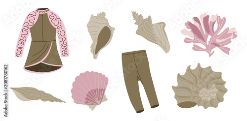 Illustration of various seashells, coral, and a brown outfit with pink accents, arranged artistically on a white background for design purposes