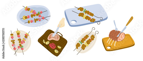 Illustration featuring skewers of meat and vegetables on plates and cutting boards, highlighting different grilling styles and food presentation in a kitchen environment