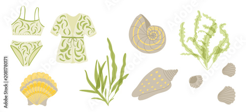 Illustration of beachwear including green bikini, cover-up, seashells, and seaweed elements, showcasing summer fashion and marine life in a vibrant design