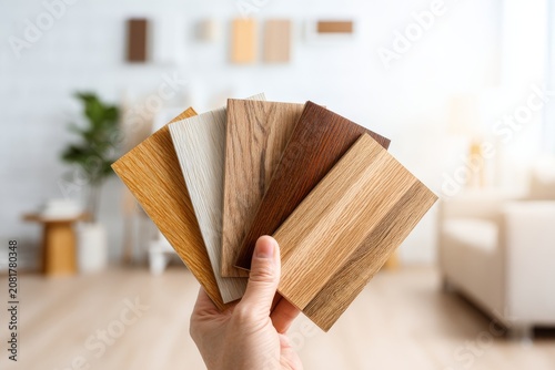 Hand holding a fan of wooden flooring samples for interior design and home renovation selection