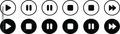 Play button icon featuring play, pause, stop, next, previous, and media player controls for audio and video applications, vector.
