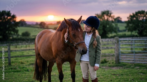 Girl in riding attire standing with brown horse at sunset