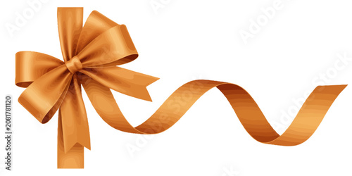 Golden ribbon bow with long curled tails isolated on a white background, for gift wrapping, and holiday celebration decorations