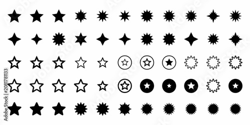 Collection of various star shapes and sparkle in black on a white background, for and ui, interface projects