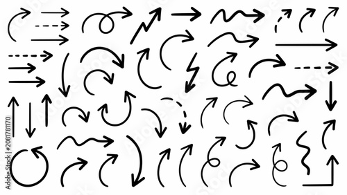 A comprehensive collection of various hand-drawn black arrows on a white background, featuring diverse shapes, curves, and directions
