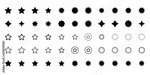 Collection of various black star shapes and starburst isolated on a white background, for and digital interface