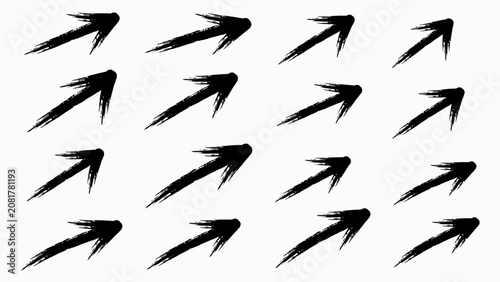Collection of sixteen hand-drawn black ink brush stroke arrows pointing upwards on a plain white background, for web