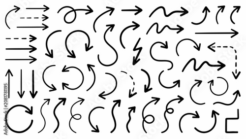 Extensive set of hand-drawn black arrows featuring various shapes, curves, and directions, isolated on a clean white background surface