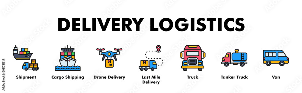 Fototapeta premium DELIVERY LOGISTICS web banner icon vector illustration concept with icon of Shipment, Cargo Shipping, Drone Delivery, Last Mile Delivery, Truck, Tanker Truck, Van 