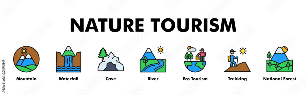 Obraz premium NATURE TOURISM web banner icon vector illustration concept with icon of Mountain, Waterfall, Cave, River, Eco Tourism, Trekking, National Forest 
