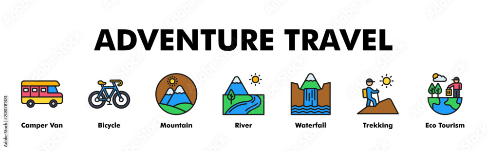 Obraz premium ADVENTURE TRAVEL web banner icon vector illustration concept with icon of Camper Van, Bicycle, Mountain, River, Waterfall, Trekking, Eco Tourism 